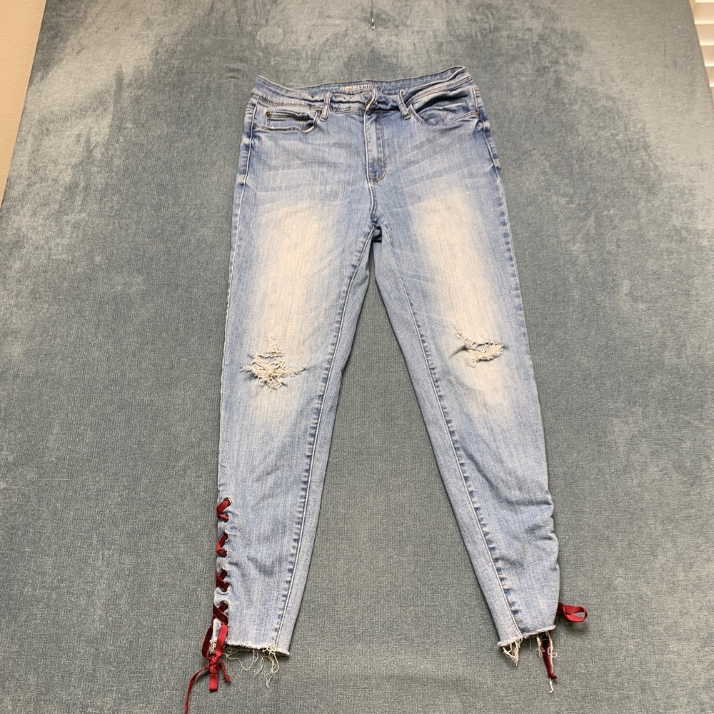 American Rag Cie Skinny Jeans Womens 30x26 Blue Denim Distressed Velvet Lace-Up